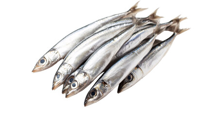 A bunch of fresh anchovies with their small size and silver skin, Isolated on transparent background