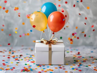 Festive Birthday Gift Box with Colorful Balloons and Confetti Celebrating a Joyful Occasion