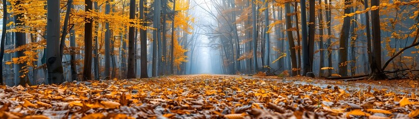 Sticker - Serene Autumn Forest Trail Leads to Peaceful Clearing with Golden Leaves