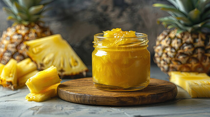 Wall Mural - A small jar of pineapple jam with pineapple fruit on wooden cutting board