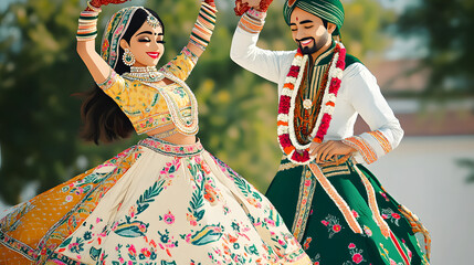 Poster - Cute couple dance in traditional indian dress cartoon characters bride and groom