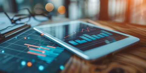 Fototapete - An image of a retirement savings plan on a digital device, with graphs, projections, and financial tools for tracking and managing future retirement savings