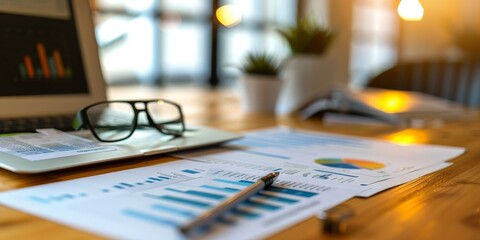 Fototapete - A financial planner's desk with documents outlining a retirement savings plan, featuring graphs, charts, and financial forecasts for effective retirement preparation