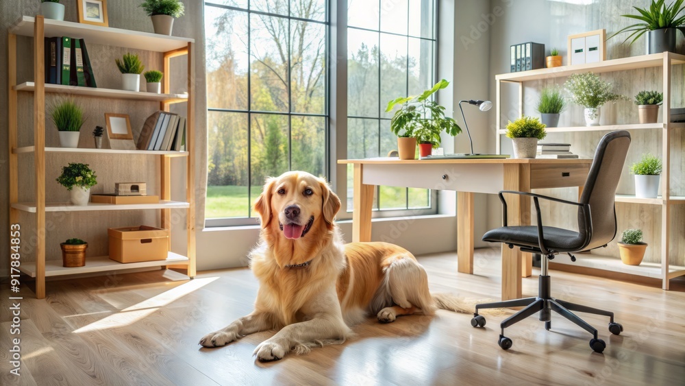 Cozy home office setup with a comfortable desk, chair, and shelves ...