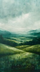 Canvas Print - Serene Countryside Landscape with Rolling Hills and Peaceful Sky in Oil Painting Style