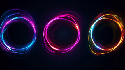 A set of three glowing neon circles, each outlined by wavy, dynamic lines in various vibrant gradient colors against a black background