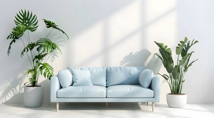 Poster - Modern light blue sofa with plants on white wall background