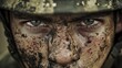 © Darunee - A close-up of a soldier's face, covered in dirt and sweat, eyes focused ahead