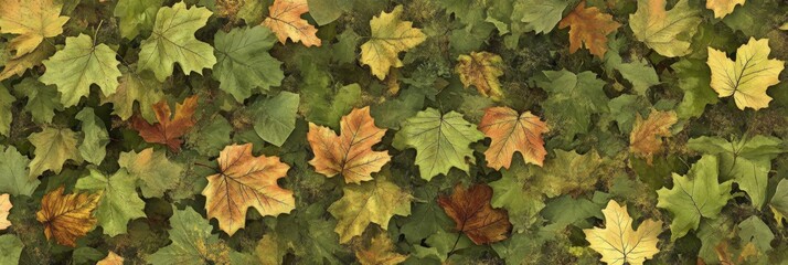 Poster - Autumn Leaves Texture, Natural Background - A close-up image of fallen autumn leaves in various shades of green, yellow, and brown. This textured background represents change, nature's beauty, and the