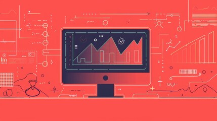 Poster - Business Growth and Success: Data Analysis on Computer Screen - A computer screen displaying a graph with data analysis, surrounded by various lines and shapes symbolizing progress, growth, success, t