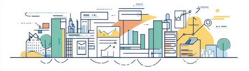 Poster - Business Growth Strategy: Data-Driven Success in a Modern World - This illustration symbolizes a business city with data, growth, strategy, technology, and success.