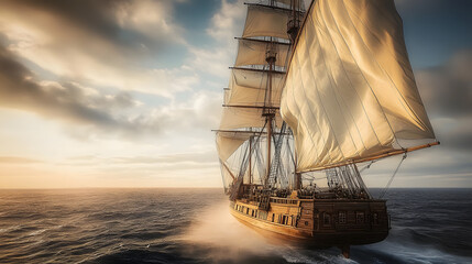 Wall Mural - Backlit sails of a traditional tall ship on the atlantic