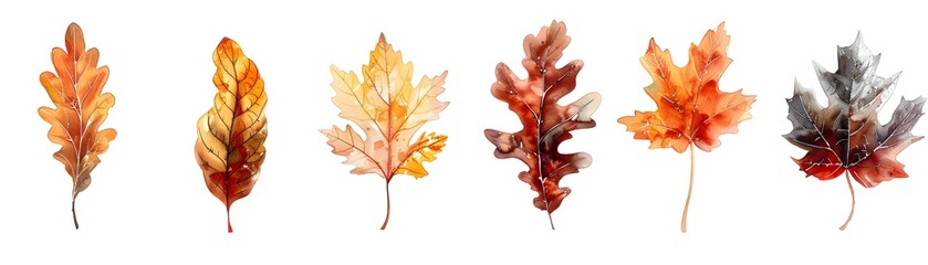 Sticker - Vibrant Autumnal Oak Leaf Watercolor Paintings in Rich Browns and Reds on White Background