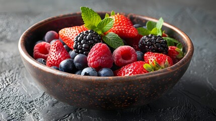 Poster - Vibrant Bowl of Fresh and Delicious Mixed Berries with Detailed Texture and Copy Space