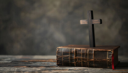 Bible, crosses on dark gray wooden table against black background. Religion of Christianity