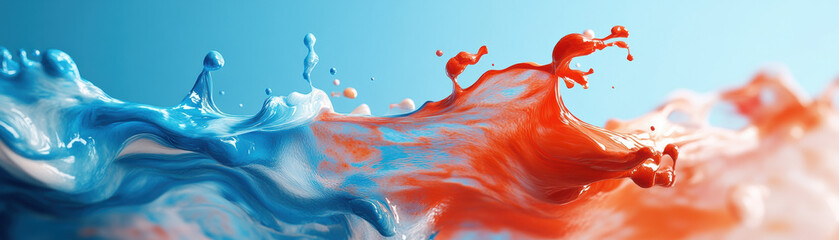 Wall Mural - Colorful abstract art with dynamic blue and red paint splashes on a light blue background, creating a vibrant and energetic visual impression.