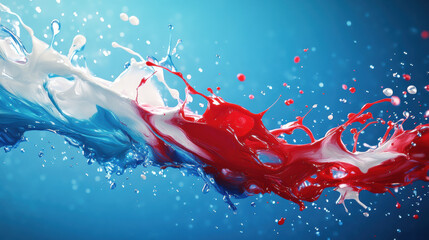 Wall Mural - Dynamic splashes of red, white, and blue paint colliding in mid-air against a vibrant blue background, creating an abstract and energetic visual effect.