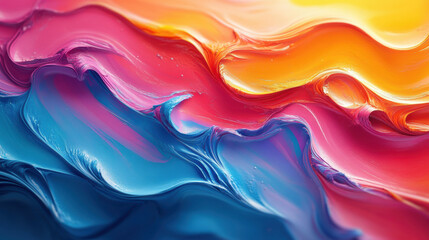 Wall Mural - Vibrant abstract painting with flowing colors of blue, pink, and yellow. Dynamic brush strokes create a lively and energetic visual effect.