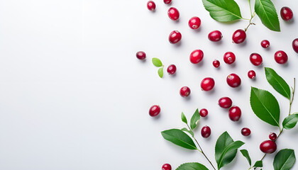 Fresh ripe cranberries and green leaves on white background, flat