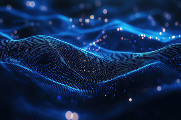 Wall Mural - abstract 3d rendering of a glowing, digital, blue landscape with particle waves and depth of field. 