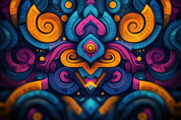 Wall Mural - Vibrant abstract 3D wallpaper with colorful geometric patterns and intricate swirling designs in shades of blue, purple, and gold.