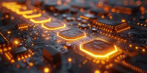 Abstract Motherboard with glowing orange lights