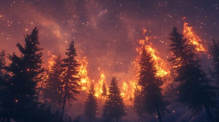 Canvas Print - Forest Fire Under a Starry Night Sky - A mesmerizing image of a forest fire raging beneath a starry night sky, symbolizing the power of nature, destruction, renewal, resilience, and the cyclical natur