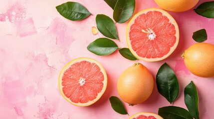 Sticker - Fresh Grapefruit on Pink Background - Healthy Fruit Concept - A flat lay photo of whole and sliced grapefruits with green leaves on a pink background, representing freshness, health, and citrus flavor