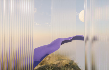 Poster - Natural podium backdrop for product display with flying cloth in Autumn Halloween concept. 3d rendering
