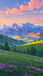 © Shinso_Hajime - Beautiful view of flowering meadow with mountains and clouds, AI generated illustration 36