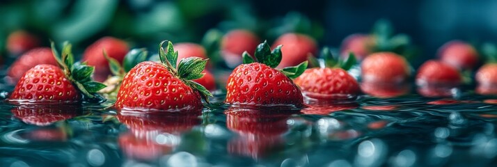 Poster - Fresh Strawberries Floating in Water - A Symbol of Summer and Delight - A group of ripe strawberries float on the surface of clear water, representing freshness, summer, and the joy of simple pleasure