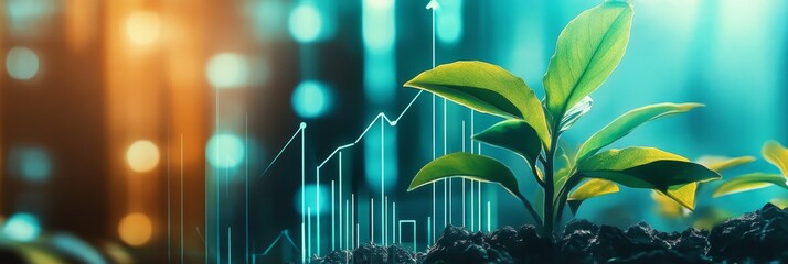 Poster - Green Growth and Financial Success: Sustainable Investments - A young plant sprouts from the soil, symbolizing growth and prosperity, while a glowing line graph behind it represents financial success 