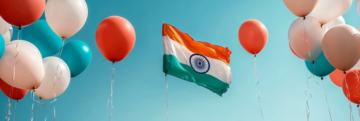 Sticker - Indian Flag Waving with Balloons in the Sky - A vibrant Indian flag flies proudly against a clear blue sky, surrounded by colorful balloons symbolizing joy, celebration, and unity.