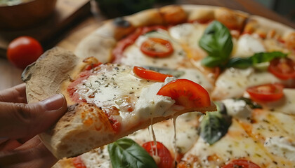 Poster - Taking piece of delicious Margherita pizza at wooden table, closeup