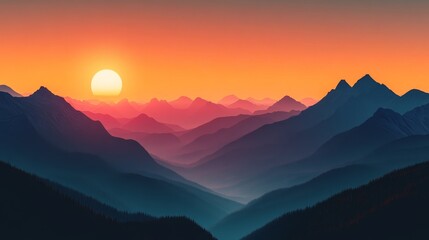 Poster - Majestic Mountain Sunset - A stunning panoramic view of a mountain range bathed in the warm glow of a setting sun. The image evokes feelings of peace, tranquility, and awe at the beauty of nature.