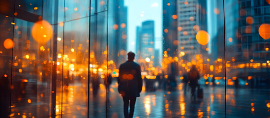 Wall Mural - A silhouette of a person standing in a bustling city with vibrant lights and reflections, creating a captivating urban atmosphere.