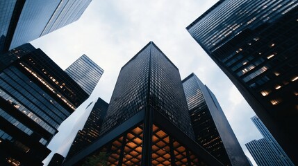 Sticker - Modern Skyscrapers Reaching for the Sky - A low angle view of a city skyline with tall skyscrapers, showcasing ambition, progress, and the pursuit of success. The buildings reach towards the cloudy sk