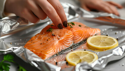 Woman wrapping tasty salmon with lemon and spices in aluminum foil at grey textured table, closeup