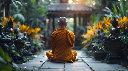 Poster - Buddhist Monk Meditating in Tranquil Temple Garden Surrounded by Lush Foliage and Ancient Statues