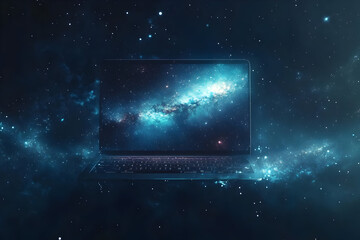 A futuristic laptop displays a vibrant galaxy, showcasing the intersection of technology and the vast universe.