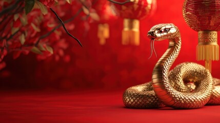 golden snake on red chinese background, Celebration of the Chinese New Year, 2025 year of the Snake