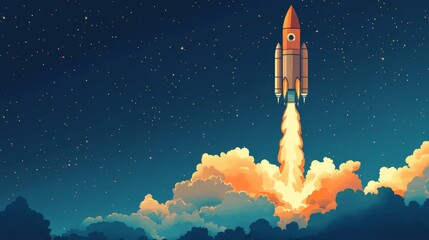 Canvas Print - Rocket Launch into the Starry Night - A rocket blasts off into the night sky, leaving a trail of fire and smoke as it ascends through clouds, symbolizing ambition, innovation, exploration, progress, a