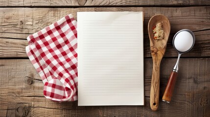 Blank recipe book on a wooden table with kitchen utensils.