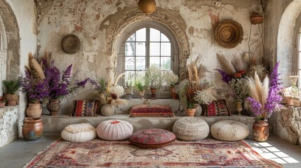 Wall Mural - Boho backdrop with a mix of natural elements and vintage decor 