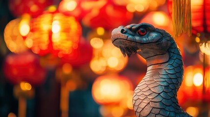 Wall Mural - Statue of a snake and Chinese lanterns. Celebration of the Chinese New Year, 2025 year of the Snake