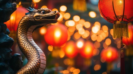 Wall Mural - Statue of a snake and Chinese lanterns. Celebration of the Chinese New Year, 2025 year of the Snake