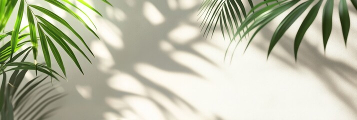 Canvas Print - Tropical Palm Leaf Shadow on White Wall Background - A minimalist photo showcasing the delicate shadows of palm leaves cast upon a white wall, symbolizing nature, tranquility, summer, and relaxation.