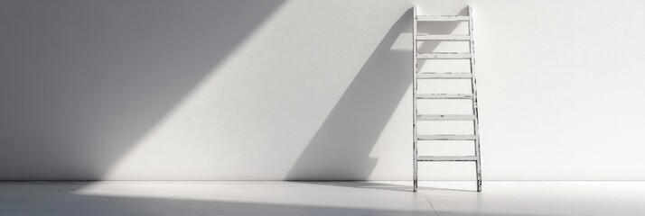 Sticker - White Ladder Against a White Wall with Sunlight - A simple yet powerful image of a white ladder leaning against a white wall with a stream of sunlight illuminating the scene. It symbolizes growth, opp