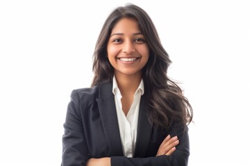 a smiling Indian woman in blazer on white background