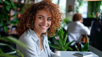 Wall Mural - Woman sitting at a cafe working with laptop and mobile phone.